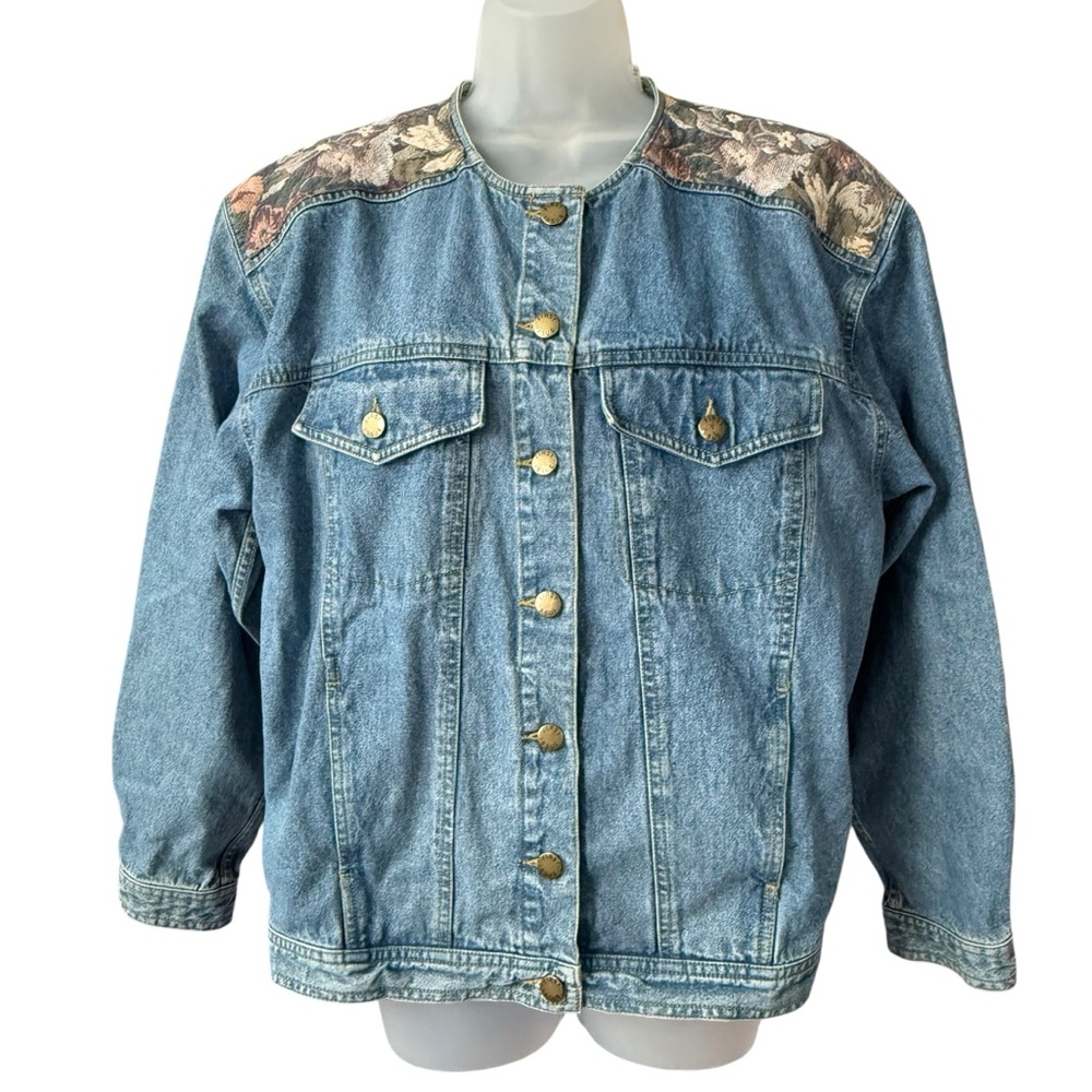 Vtg 80s 90s First Issue Woman's blue Denim Jacket tapestry size large floral